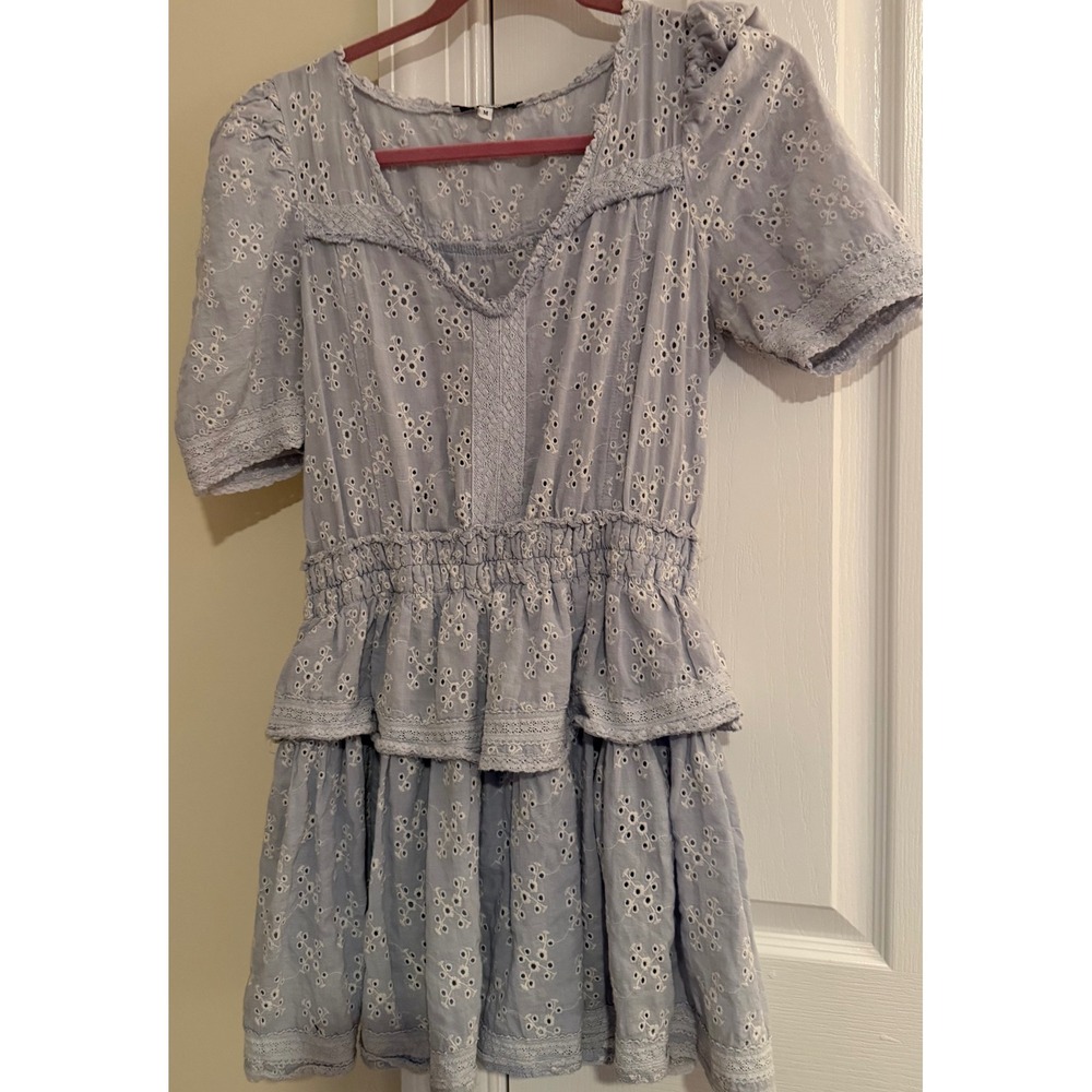 Olivaceous Light Blue Eyelet Lace Tiered Mini Dress Smocked Waist Boho Size M